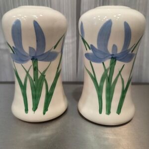 Neher 2002 Hand Painted Blue Iris Ceramic Salt and Pepper Shakers 5" cottagecore